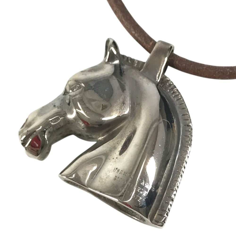 HERMES Shuval horse Accessories Choker Leather Strap Necklace Metal / Leather Silver/Brown Used