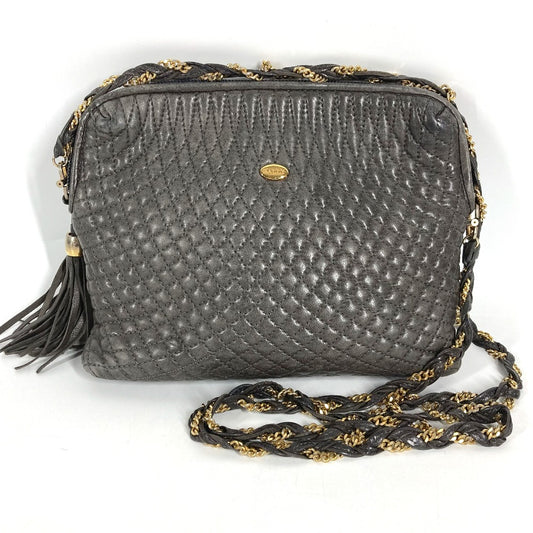 BALLY vintage Logo Quilted Fringe Tassel Twist Chain Bag Pochette Crossbody Shoulder Bag Leather gray Used