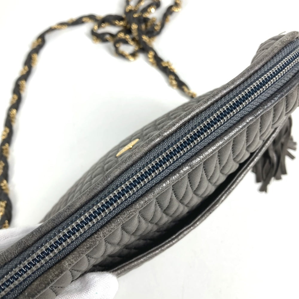 BALLY vintage Logo Quilted Fringe Tassel Twist Chain Bag Pochette Crossbody Shoulder Bag Leather gray Used