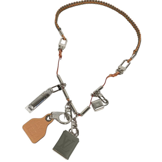 LOUIS VUITTON MP2140 Monogram Titanium Logo big Padlock Key Whistle Shoulder Strap Necklace Metal / Leather gray Used