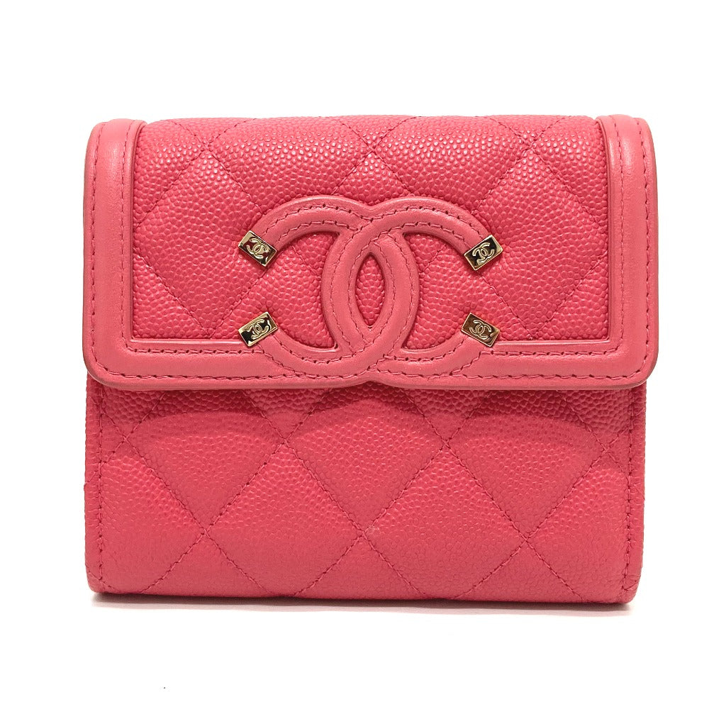 CHANEL AP0375 CC フィリグリー マトラッセ 中長財布 3つ折り財布 キャビアスキン レディース ピンク系