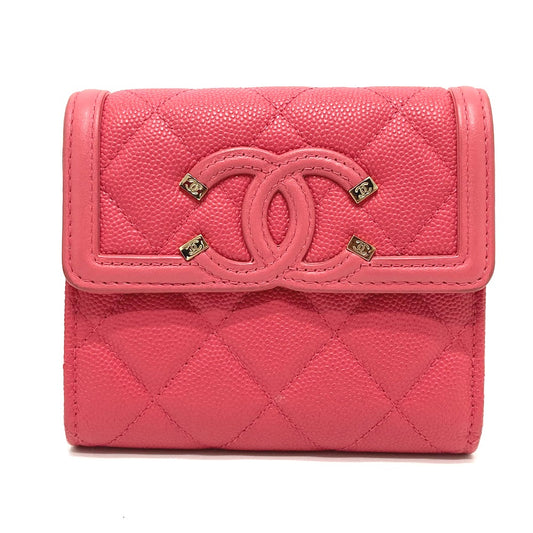 CHANEL AP0375 CC Filigree Matelasse Medium-Long Wallet, Tri-Fold Wallet, Caviar Leather, Women's, Pink