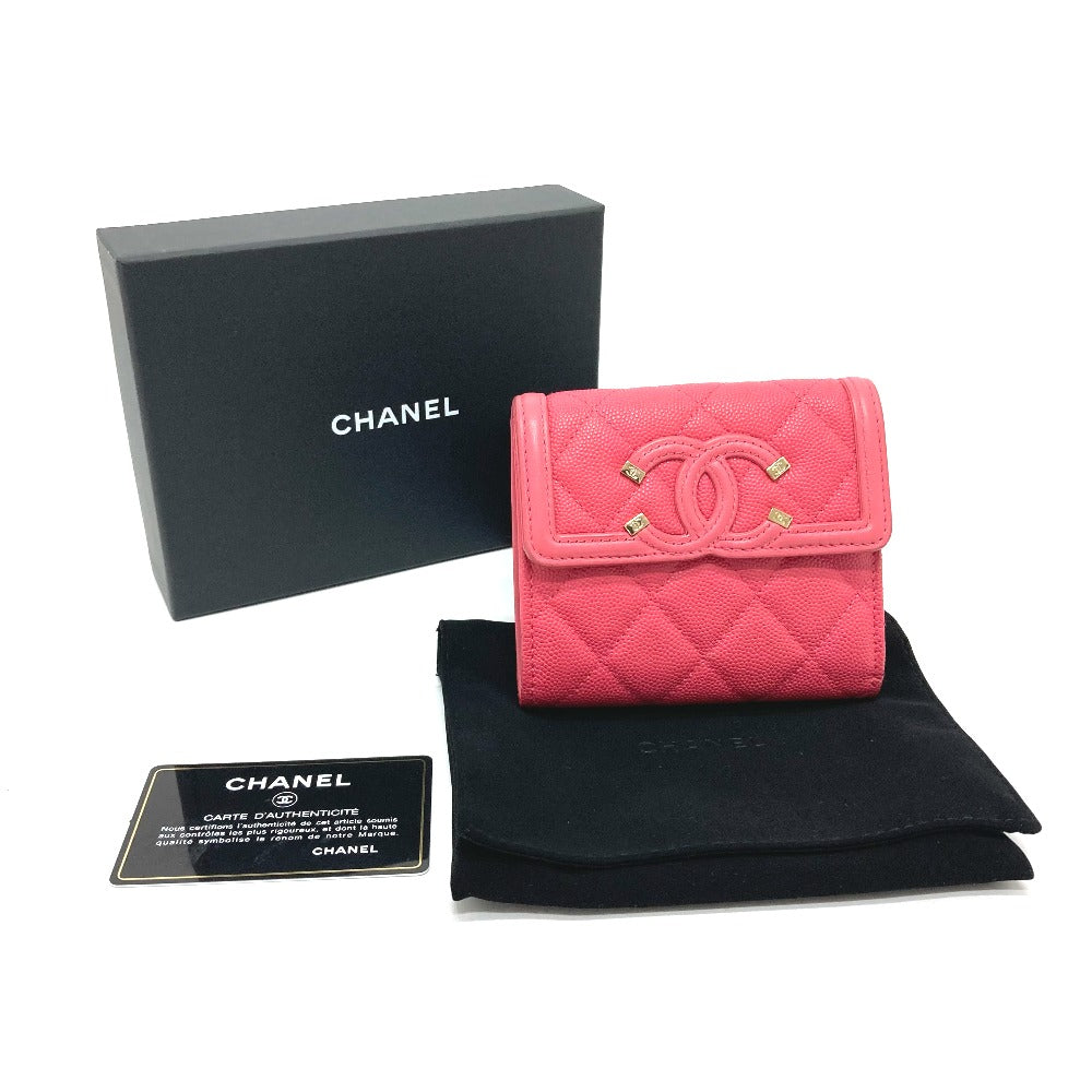 CHANEL AP0375 CC フィリグリー マトラッセ 中長財布 3つ折り財布 キャビアスキン レディース ピンク系