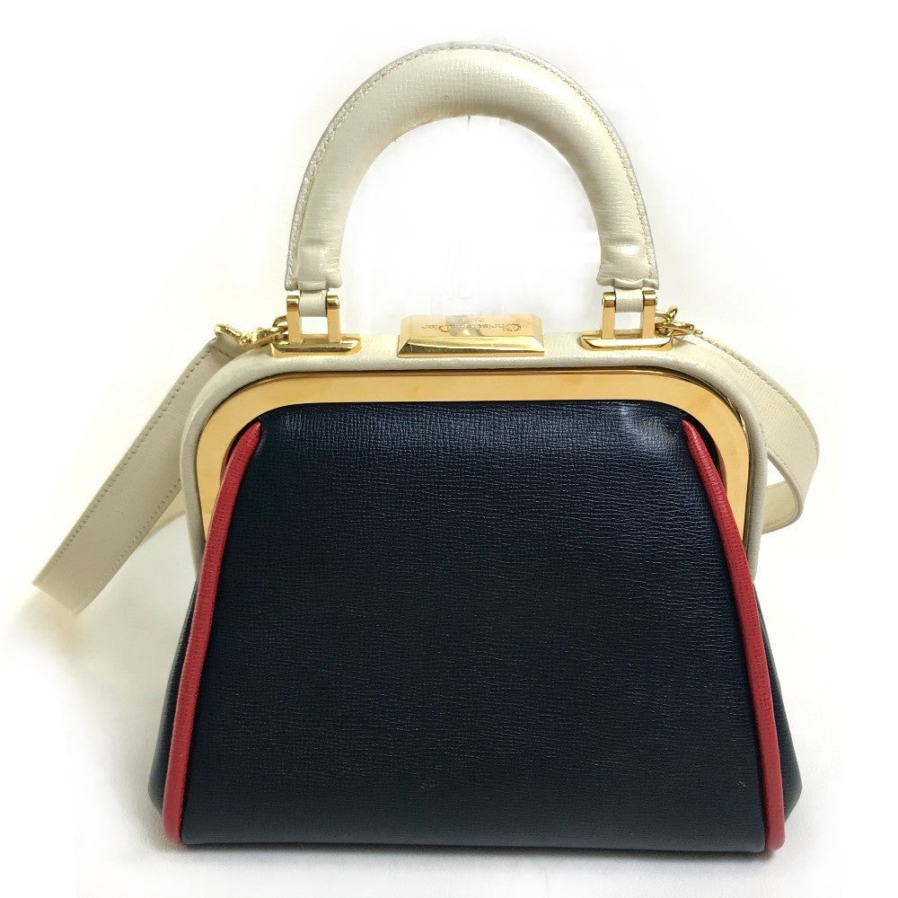 Christian Dior Tricolor Vintage Clasp Purse Bag, 2-Way Shoulder Bag/Handbag, Leather, Women's, Navy, White, and Red
