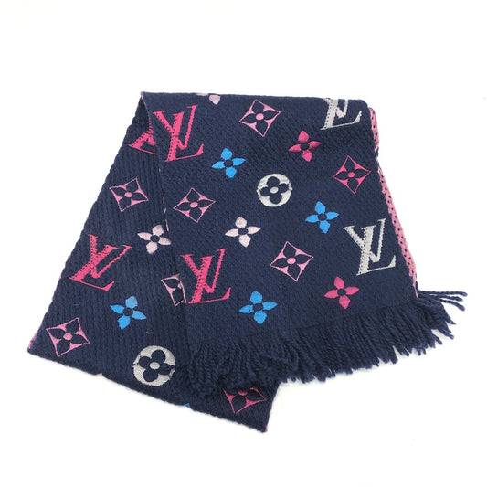 LOUIS VUITTON M70899 Monogram Echarpe Logomania Rainbow Wool Scarf for Women in Navy and Pink