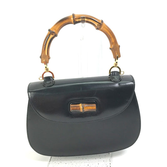 GUCCI 000 1951 Turnlock Old Gucci Bamboo Top Handle Handbag in Black Leather