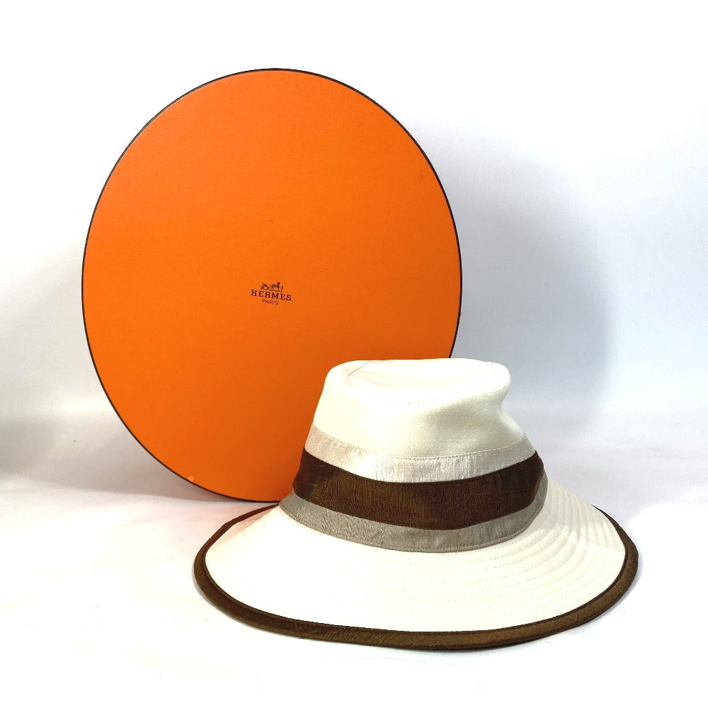 HERMES バイカラー ハット帽 帽子 バケットハット ボブハット ハット コットン レディース ブラウン/アイボリー系