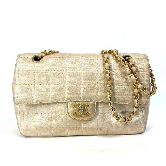 CHANEL Coco Mark CC Chocobar Double Chain Crossbody Shoulder Bag Canvas Women's Beige