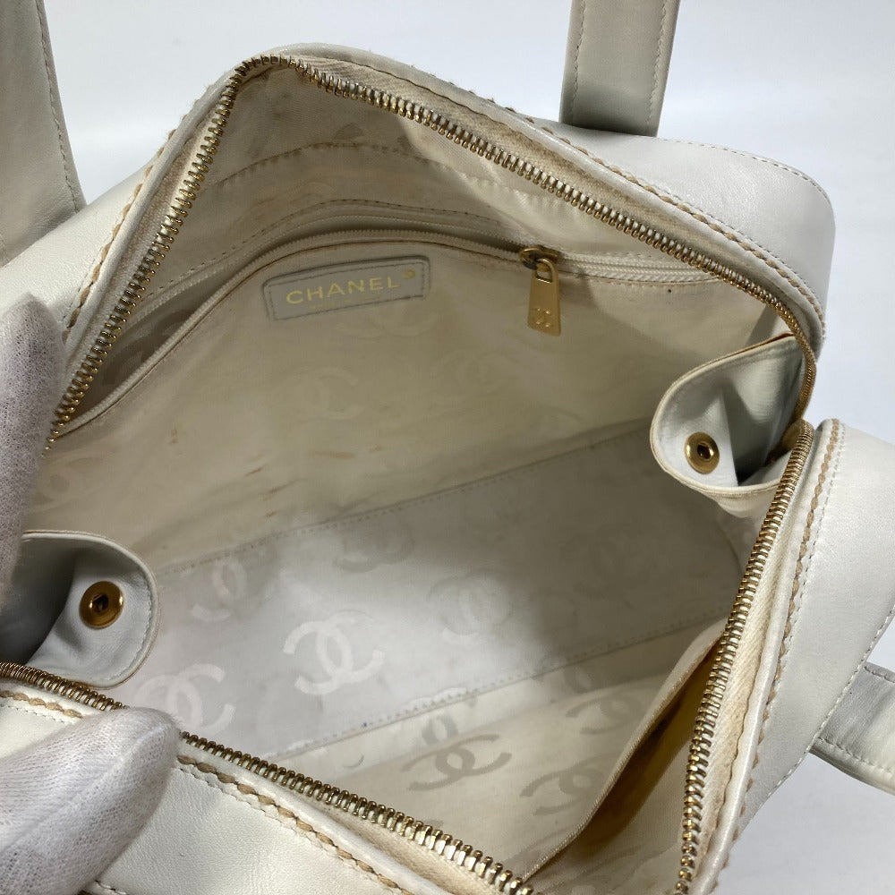CHANEL CC Coco Mark Wild Stitch Vintage Mini Boston Bag Shoulder Bag Handbag Leather Women's White