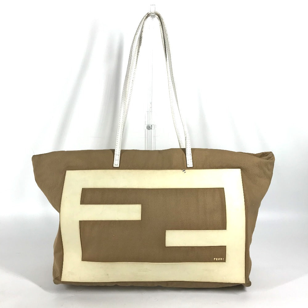 FENDI 8BH185 FFロゴ ビッグロゴ トートバッグ カバン 肩掛け ショルダーバッグ キャンバス レディース ベージュ