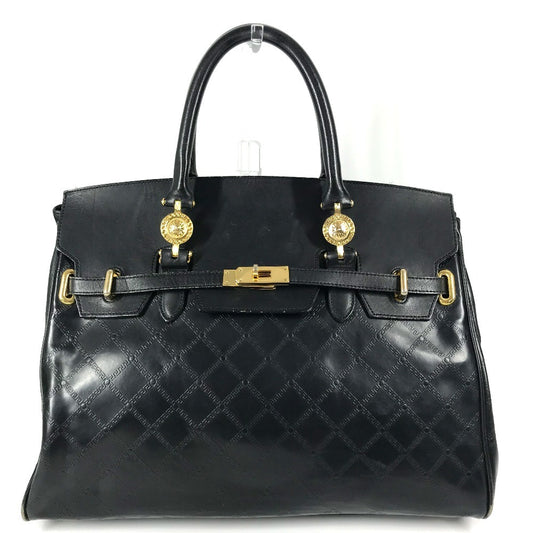 VERSACE ヴィンテージ サンバースト ロゴ トートバッグ 2WAYバッグ ハンドバッグ ショルダーバッグ レザー レディース ブラック - brandshop-reference