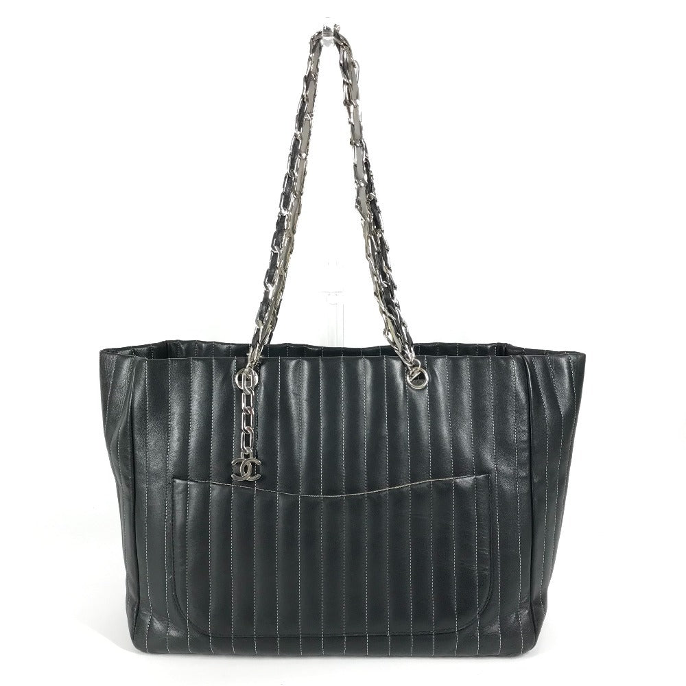 CHANEL CC ココマーク ロゴ ストライプ Wチェーン 肩掛け トートバッグ ショルダーバッグ レザー レディース ブラック - brandshop-reference