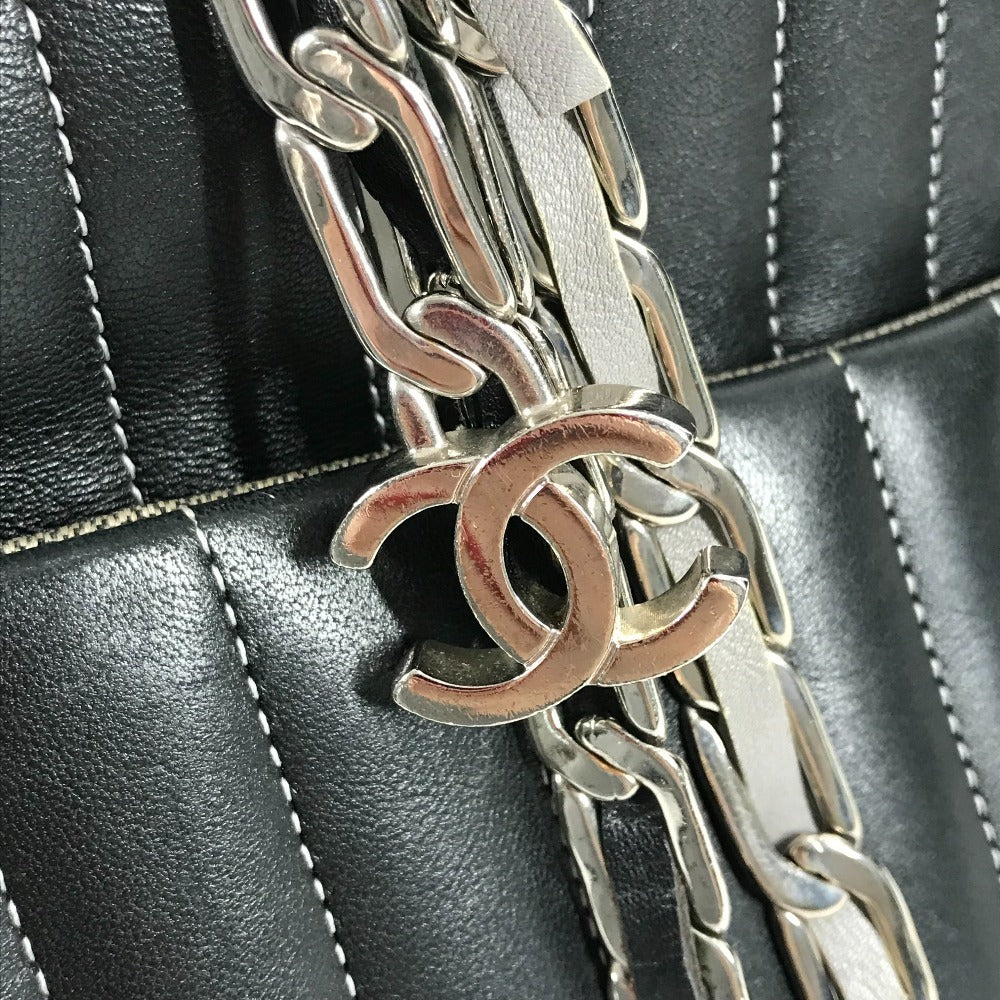 CHANEL CC ココマーク ロゴ ストライプ Wチェーン 肩掛け トートバッグ ショルダーバッグ レザー レディース ブラック - brandshop-reference