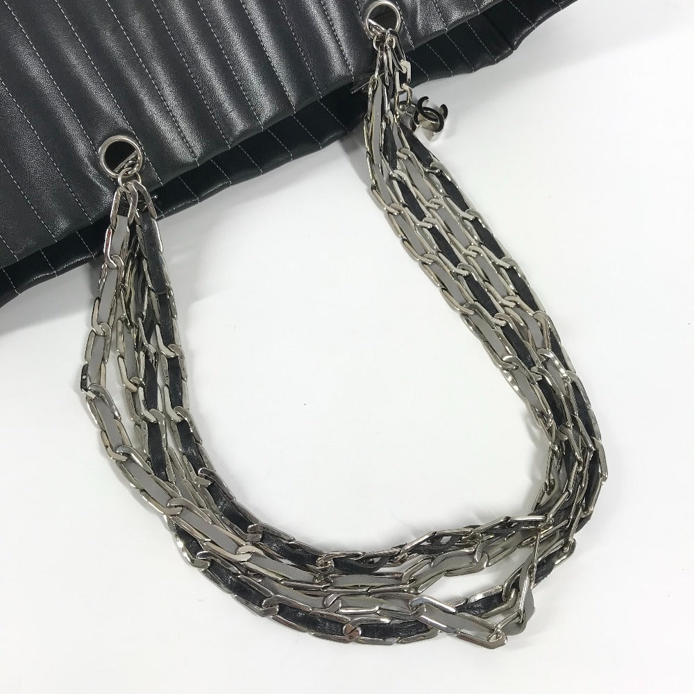 CHANEL CC ココマーク ロゴ ストライプ Wチェーン 肩掛け トートバッグ ショルダーバッグ レザー レディース ブラック - brandshop-reference