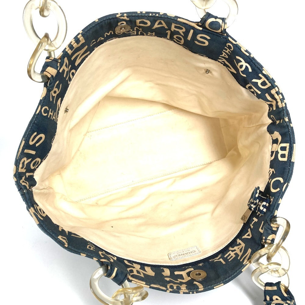 CHANEL バイシーライン ロゴ ショルダーバッグ 肩掛け 携帯ポーチ付き プラスチックチェーン トートバッグ キャンバス レディース ネイビー