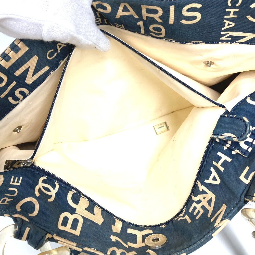 CHANEL バイシーライン ロゴ ショルダーバッグ 肩掛け 携帯ポーチ付き プラスチックチェーン トートバッグ キャンバス レディース ネイビー