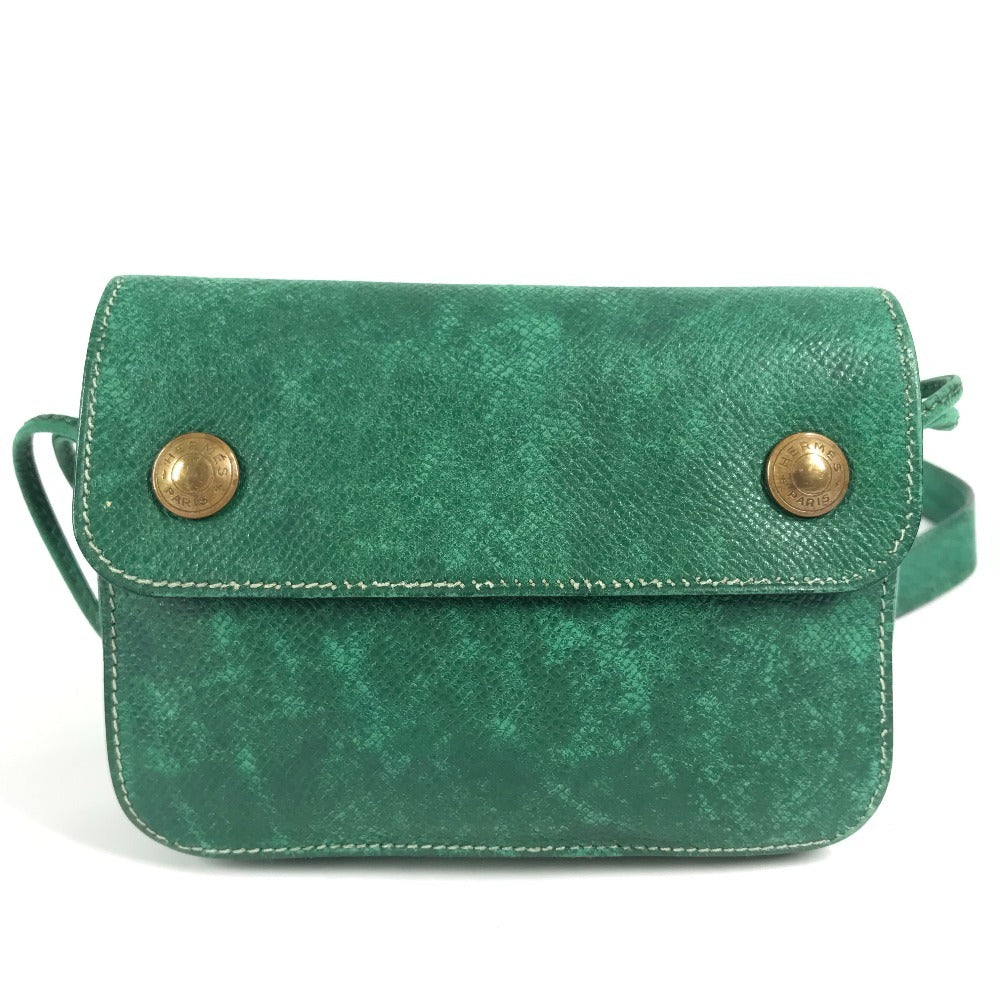 HERMES Vintage Logo Pochette Bag Mini Bag Shoulder Bag Leather Women's Green