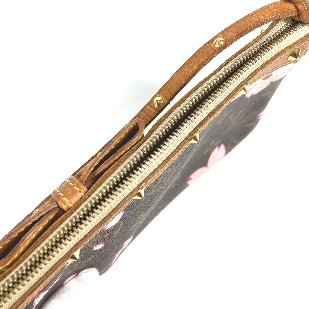 Louis Vuitton M92006 Monogram Cherry Blossom Takashi Murakami Pochette Accessory Mini Handbag Bahu Beg Aksesori Beg Beg Tangan Monogram Cherry Blossom Canvas Wanita Brown