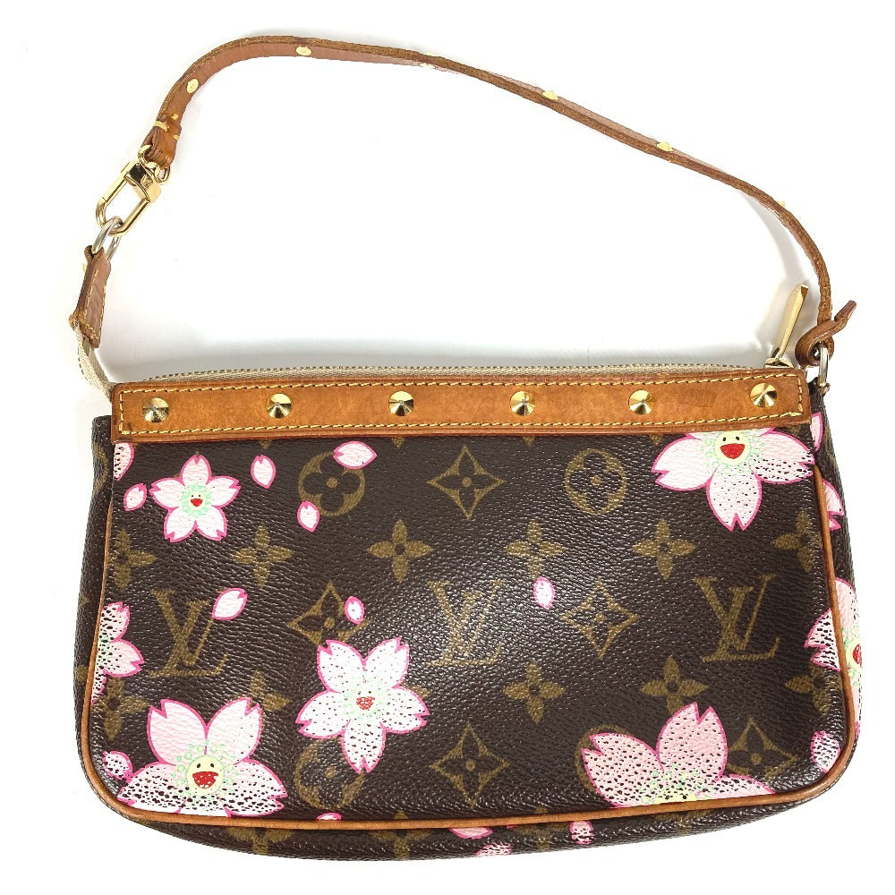 Louis Vuitton M92006 Monogram Cherry Blossom Takashi Murakami Pochette Accessory Mini Handbag Bahu Beg Aksesori Beg Beg Tangan Monogram Cherry Blossom Canvas Wanita Brown