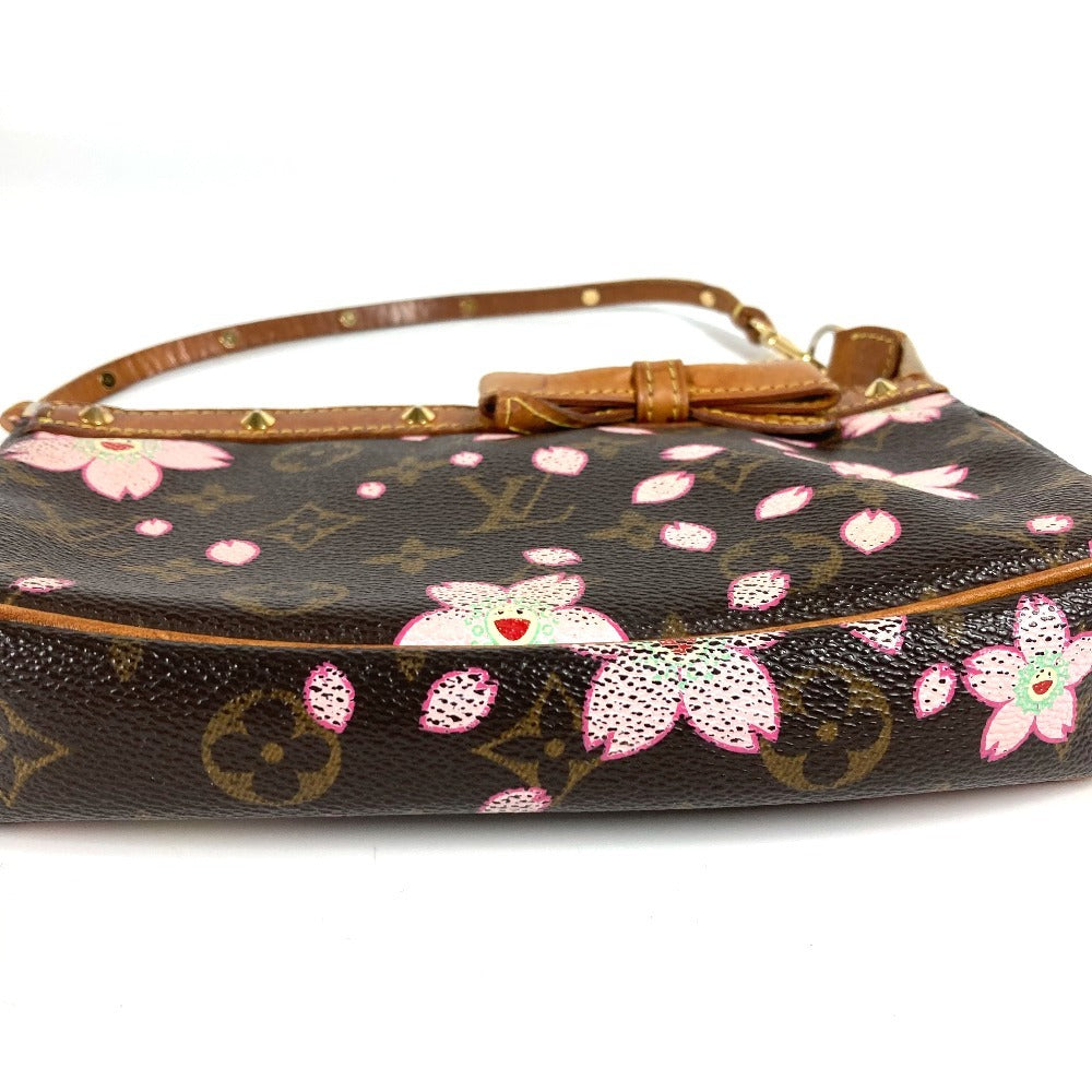 Louis Vuitton M92006 Monogram Cherry Blossom Takashi Murakami Pochette Accessory Mini Handbag Bahu Beg Aksesori Beg Beg Tangan Monogram Cherry Blossom Canvas Wanita Brown
