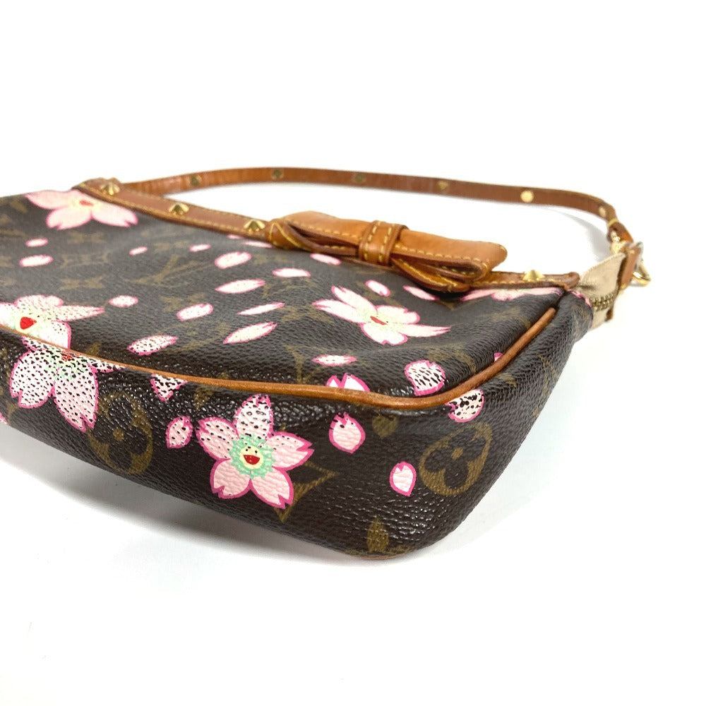 Louis Vuitton M92006 Monogram Cherry Blossom Takashi Murakami Pochette Accessory Mini Handbag Bahu Beg Aksesori Beg Beg Tangan Monogram Cherry Blossom Canvas Wanita Brown