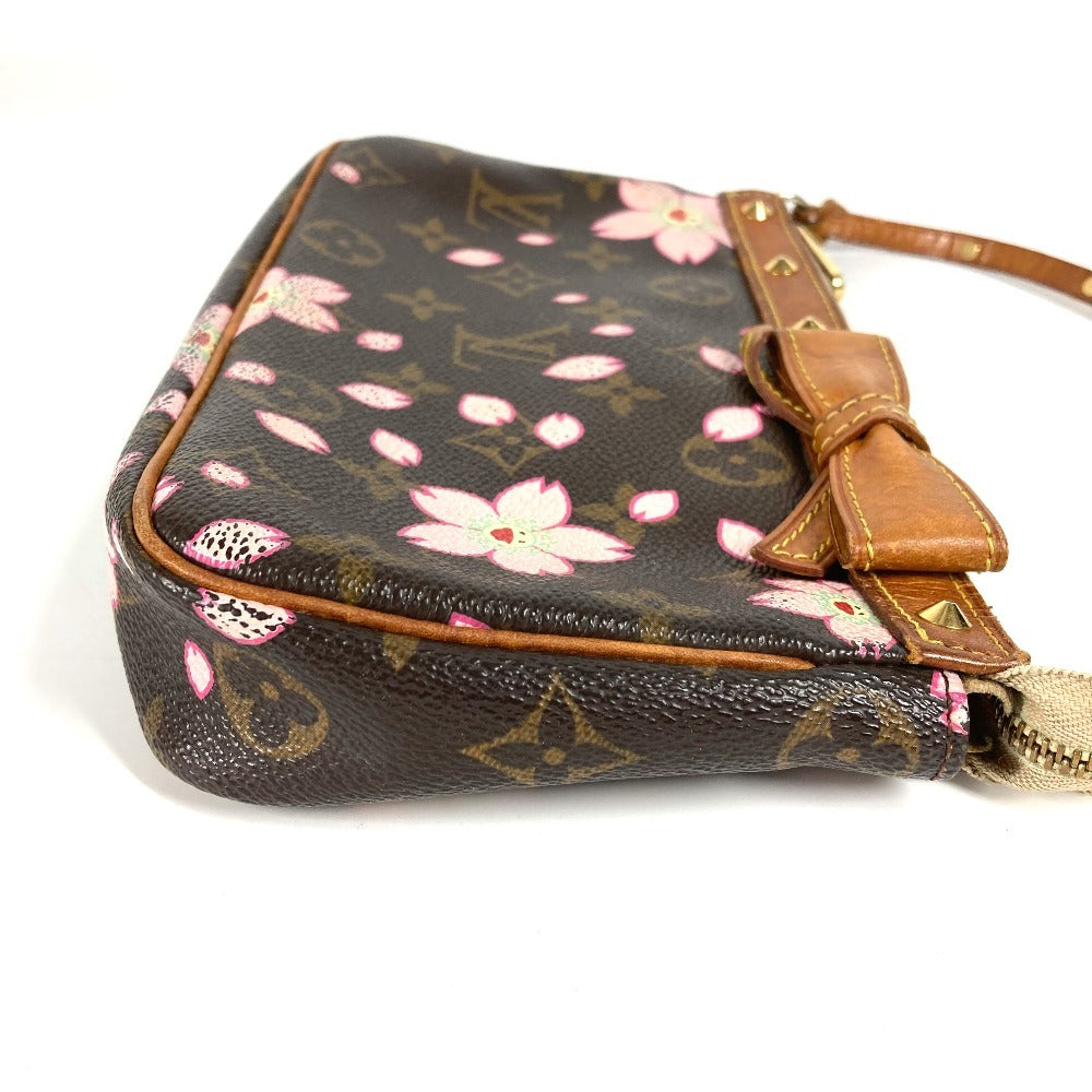 Louis Vuitton M92006 Monogram Cherry Blossom Takashi Murakami Pochette Accessory Mini Handbag Bahu Beg Aksesori Beg Beg Tangan Monogram Cherry Blossom Canvas Wanita Brown