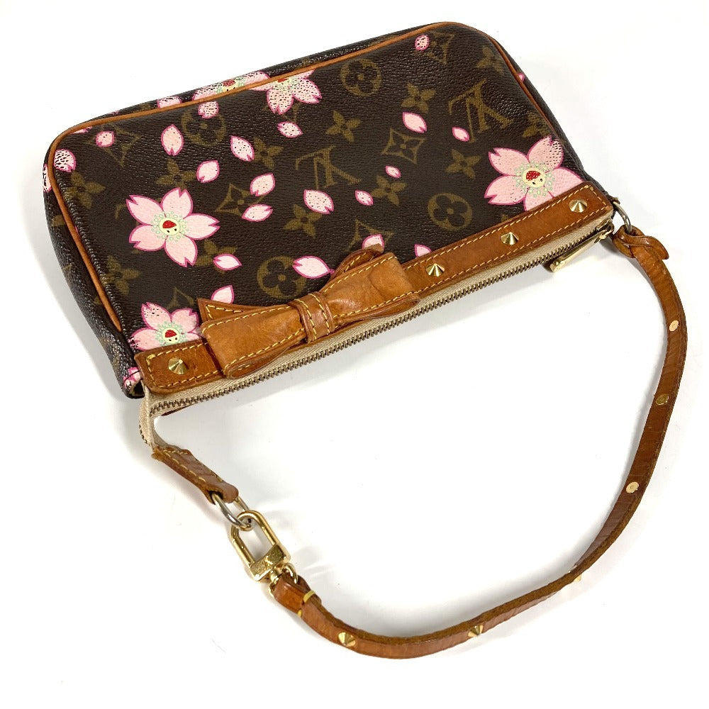 Louis Vuitton M92006 Monogram Cherry Blossom Takashi Murakami Pochette Accessory Mini Handbag Bahu Beg Aksesori Beg Beg Tangan Monogram Cherry Blossom Canvas Wanita Brown