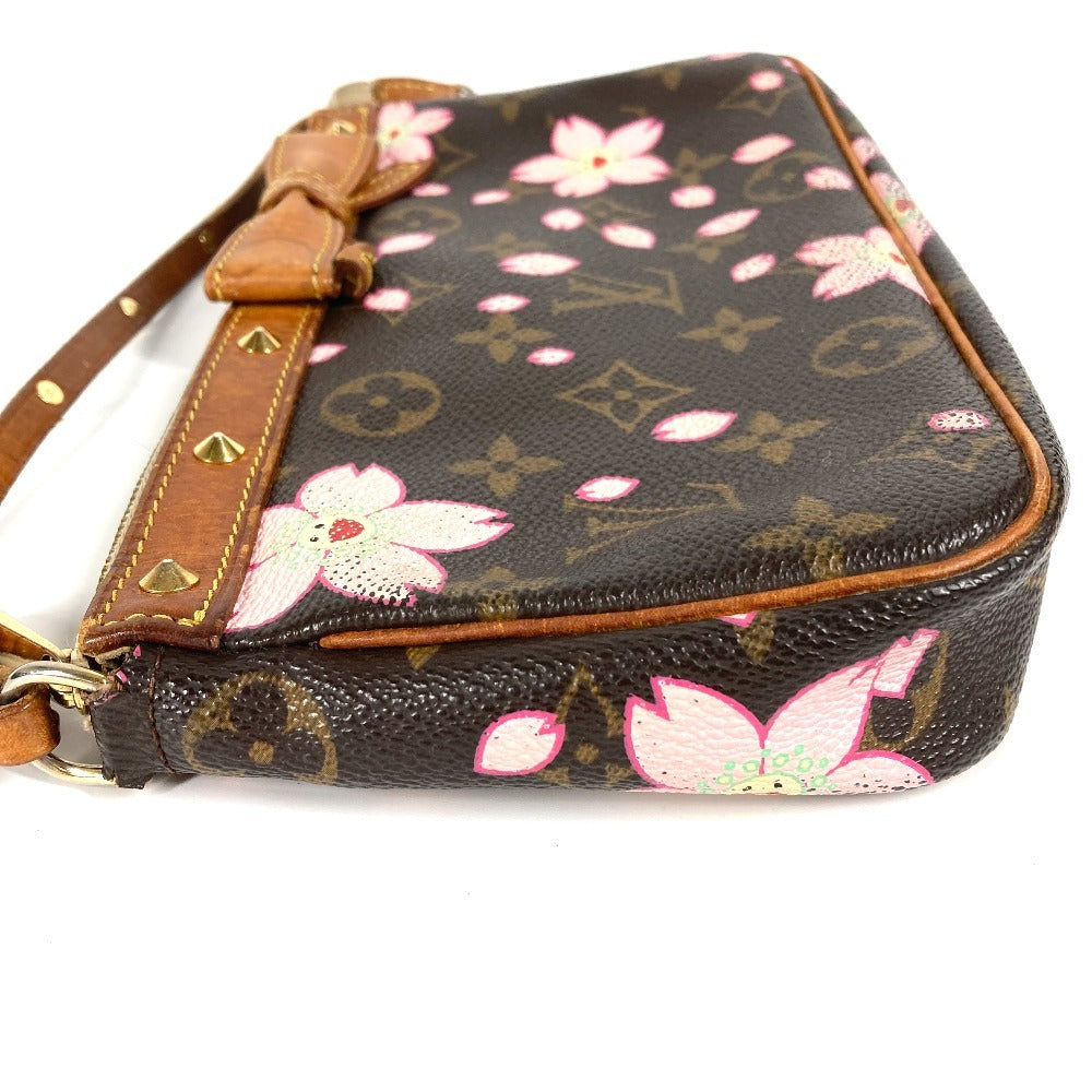 Louis Vuitton M92006 Monogram Cherry Blossom Takashi Murakami Pochette Accessory Mini Handbag Bahu Beg Aksesori Beg Beg Tangan Monogram Cherry Blossom Canvas Wanita Brown
