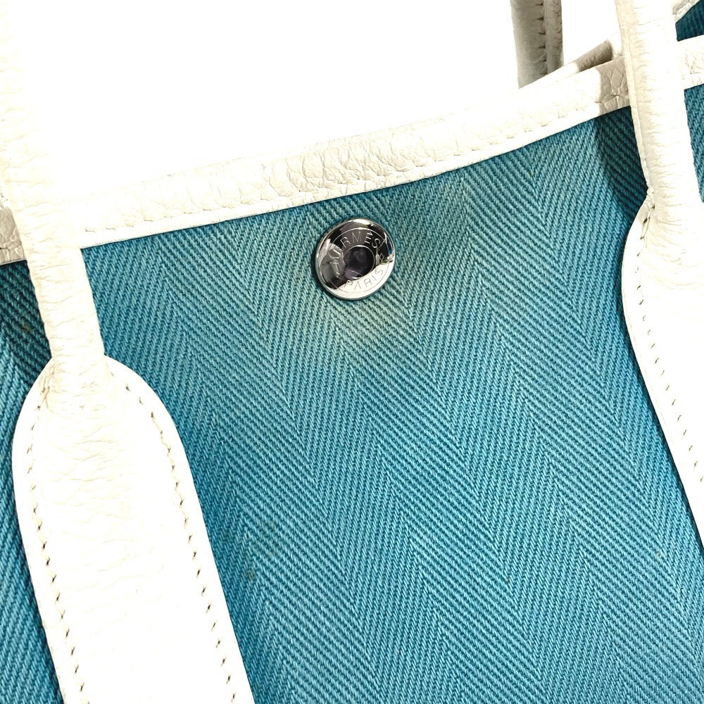 HERMES Garden Party TPM Toile Officier Leather Handbag/Tote Bag, Blue, Women's