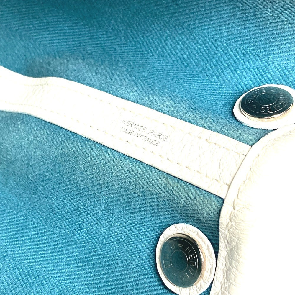 HERMES Garden Party TPM Toile Officier Leather Handbag/Tote Bag, Blue, Women's