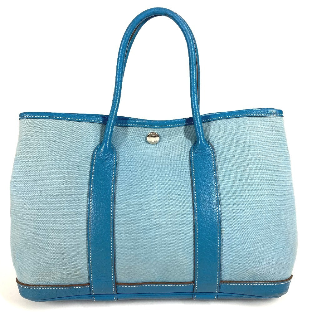 HERMES Garden Party TPM Toile Officier Leather Handbag/Tote Bag, Blue, Women's