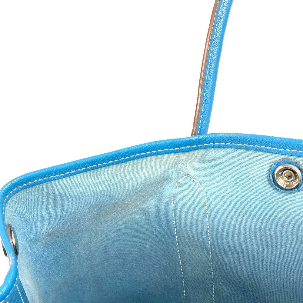HERMES Garden Party TPM Toile Officier Leather Handbag/Tote Bag, Blue, Women's