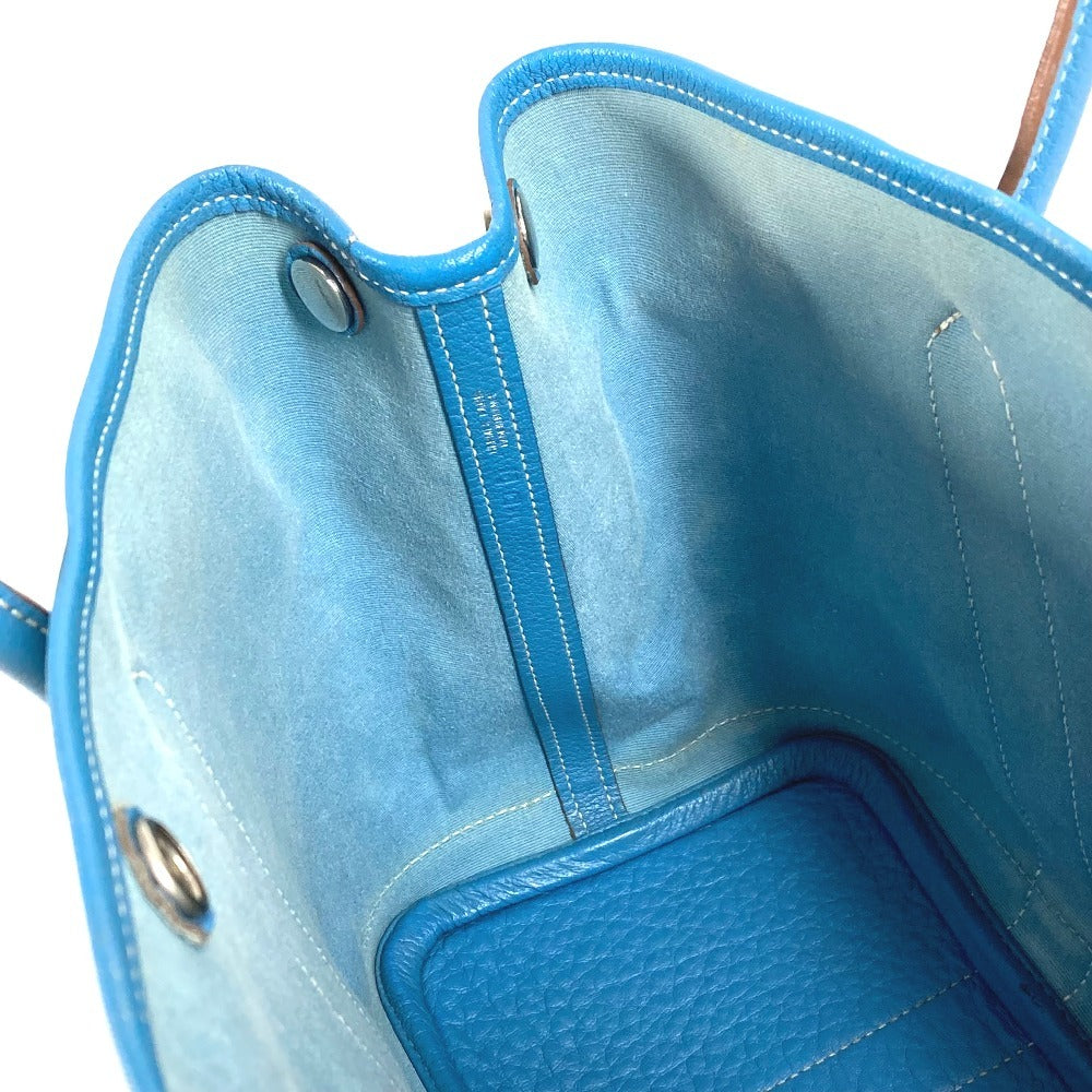 HERMES Garden Party TPM Toile Officier Leather Handbag/Tote Bag, Blue, Women's