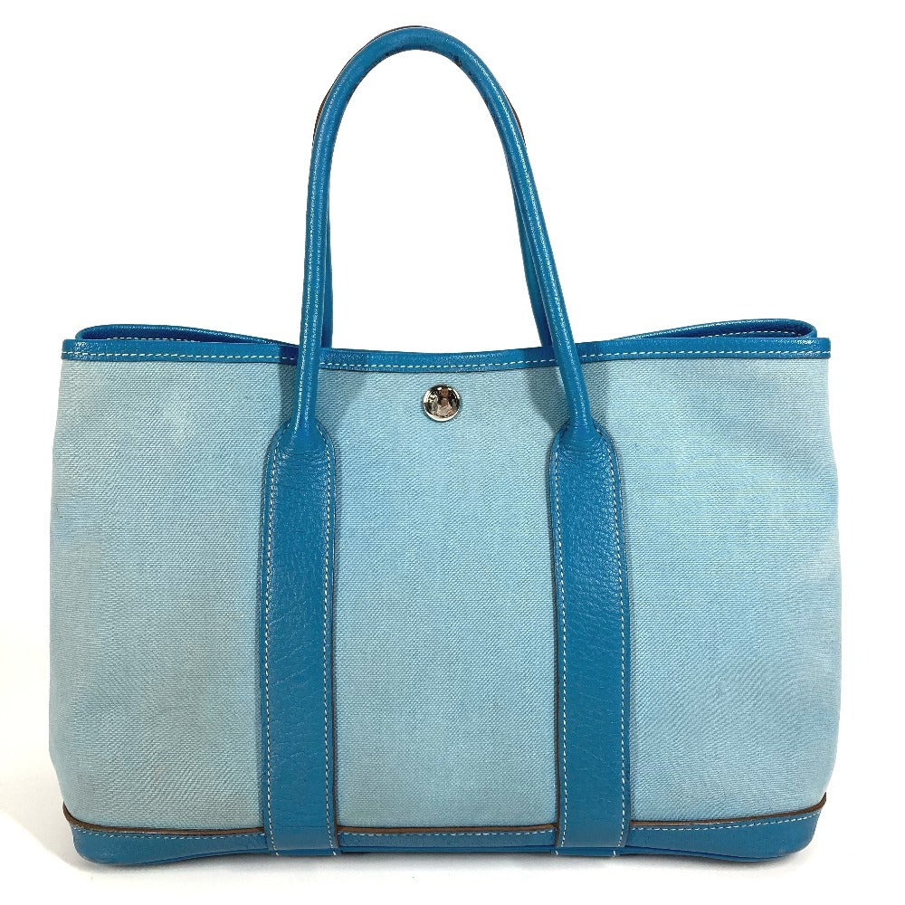 HERMES Garden Party TPM Toile Officier Leather Handbag/Tote Bag, Blue, Women's