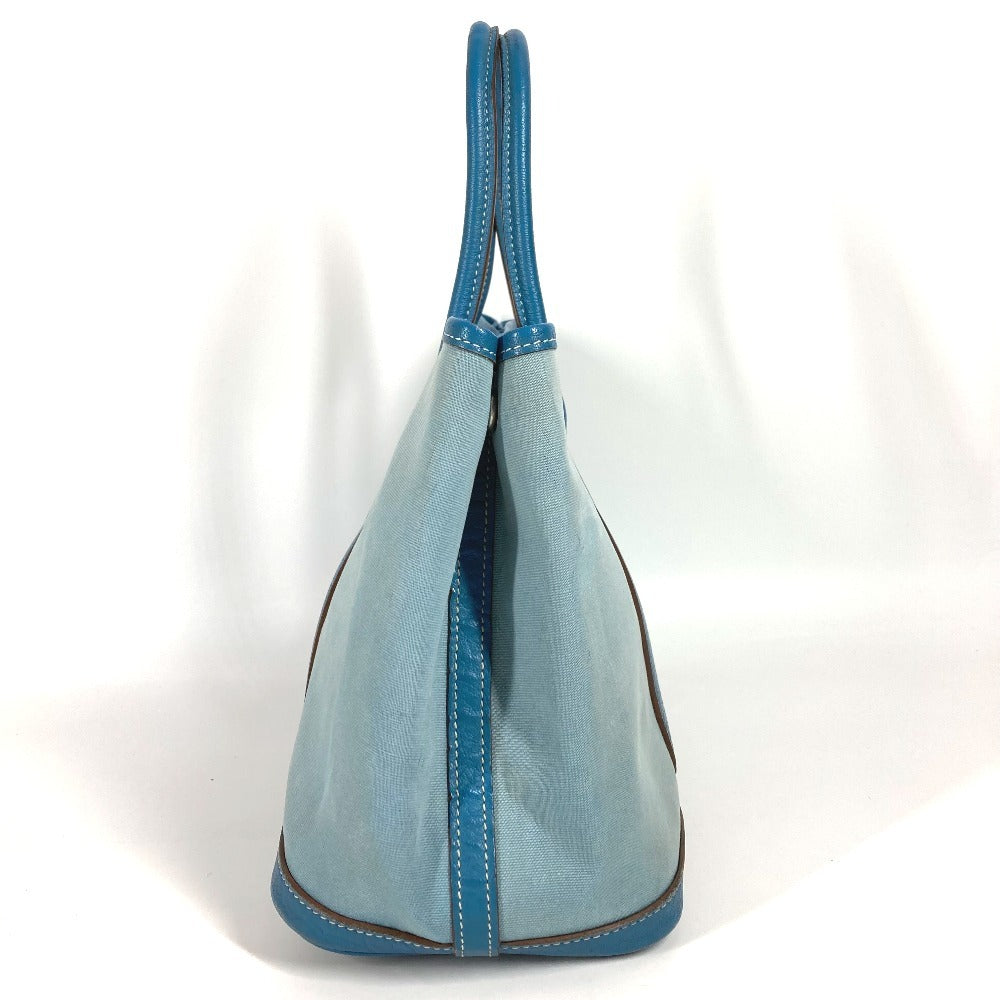 HERMES Garden Party TPM Toile Officier Leather Handbag/Tote Bag, Blue, Women's