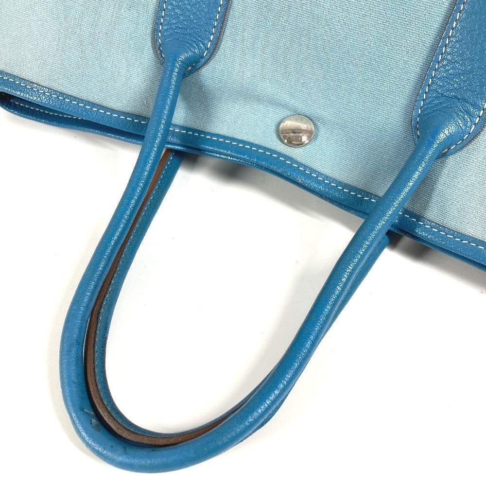 HERMES Garden Party TPM Toile Officier Leather Handbag/Tote Bag, Blue, Women's