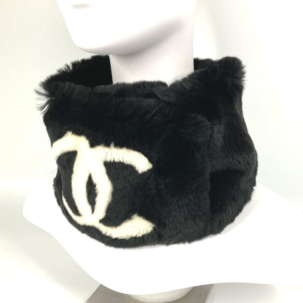 CHANEL Bicolor CC Logo Coco Mark Tippet Accessory Muffler Fur Ladies Black