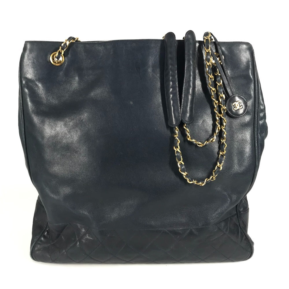 CHANEL ヴィンテージ CC ココマーク ロゴ マトラッセ キルティング カバン 肩掛け チェーンバッグ トートバッグ ショルダーバッグ ラムスキン レディース ネイビー