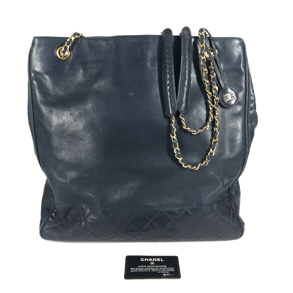 CHANEL ヴィンテージ CC ココマーク ロゴ マトラッセ キルティング カバン 肩掛け チェーンバッグ トートバッグ ショルダーバッグ ラムスキン レディース ネイビー