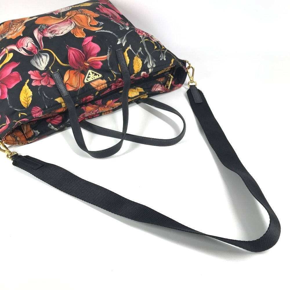 PRADA 花柄 フラワー トライアングルロゴ 三角ロゴ プレート カバン ハンドバッグ 肩掛け 2WAYバッグ ショルダーバッグ トートバッグ レザー/ナイロン レディース ブラック