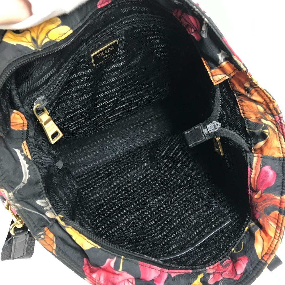 PRADA 花柄 フラワー トライアングルロゴ 三角ロゴ プレート カバン ハンドバッグ 肩掛け 2WAYバッグ ショルダーバッグ トートバッグ レザー/ナイロン レディース ブラック