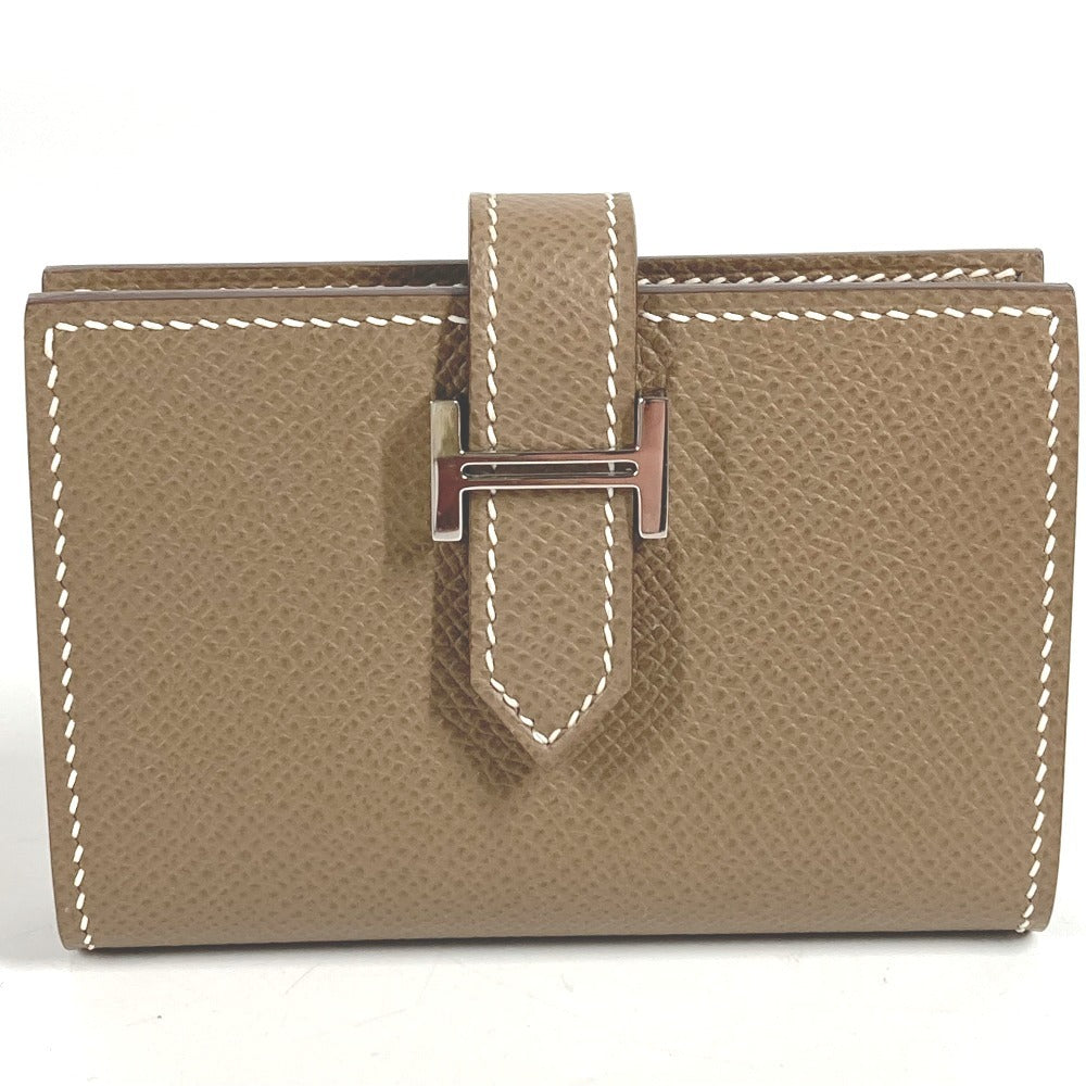 HERMES ベアン Hロゴ 名刺入れ パスケース 2つ折り カードケース レザー ユニセックス エトゥープ ベージュ系