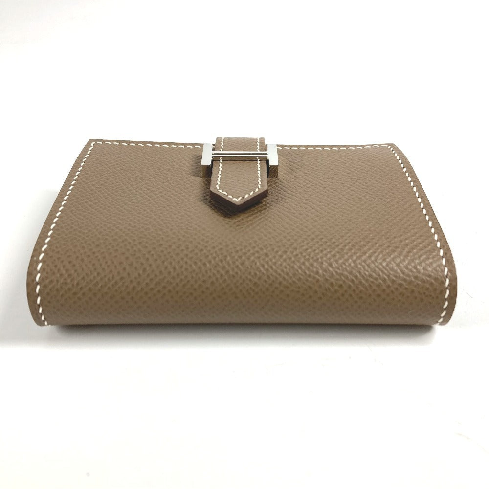 HERMES ベアン Hロゴ 名刺入れ パスケース 2つ折り カードケース レザー ユニセックス エトゥープ ベージュ系