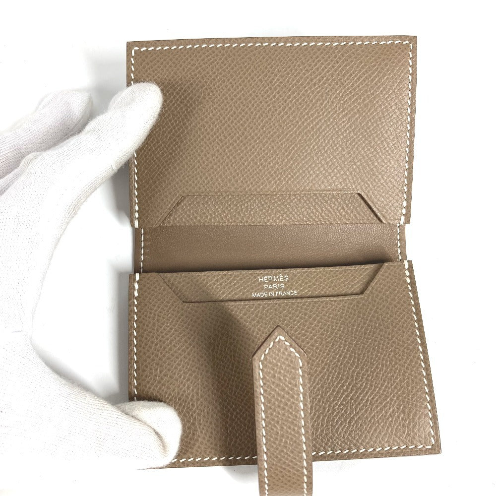 HERMES ベアン Hロゴ 名刺入れ パスケース 2つ折り カードケース レザー ユニセックス エトゥープ ベージュ系