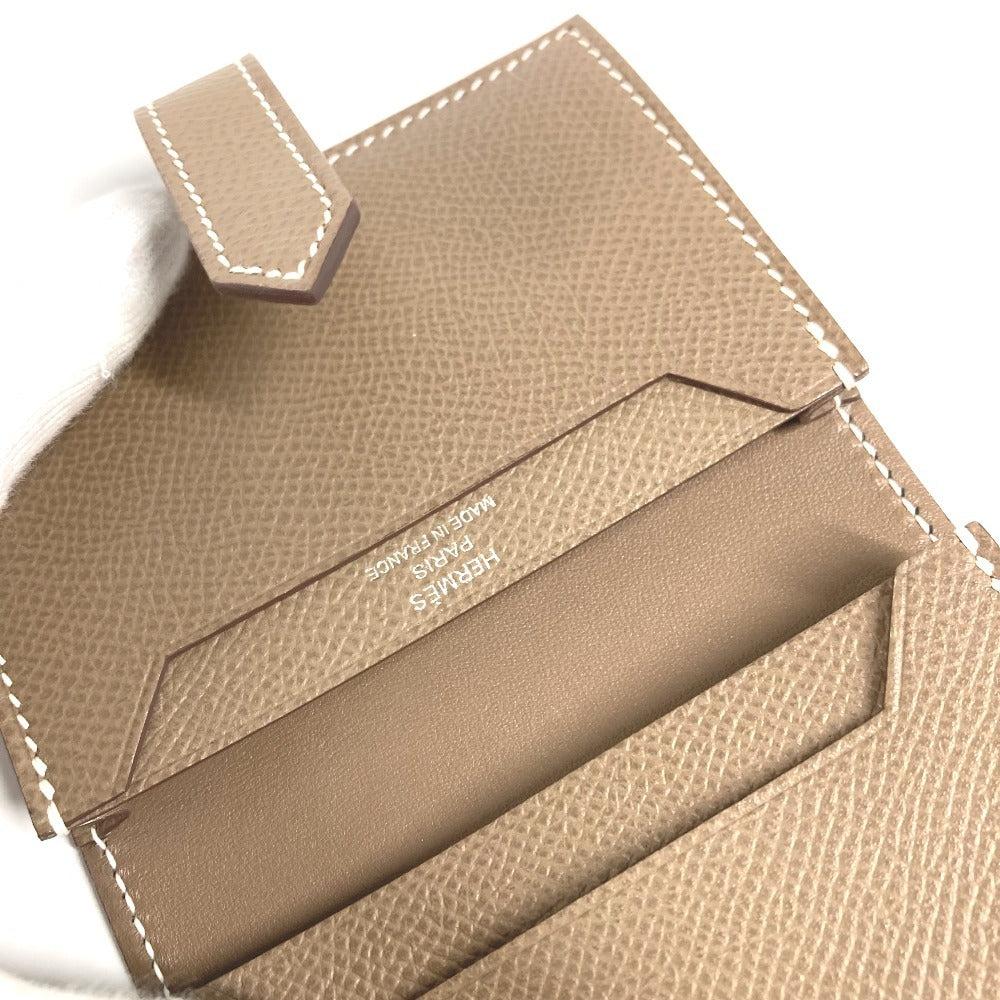 HERMES ベアン Hロゴ 名刺入れ パスケース 2つ折り カードケース レザー ユニセックス エトゥープ ベージュ系