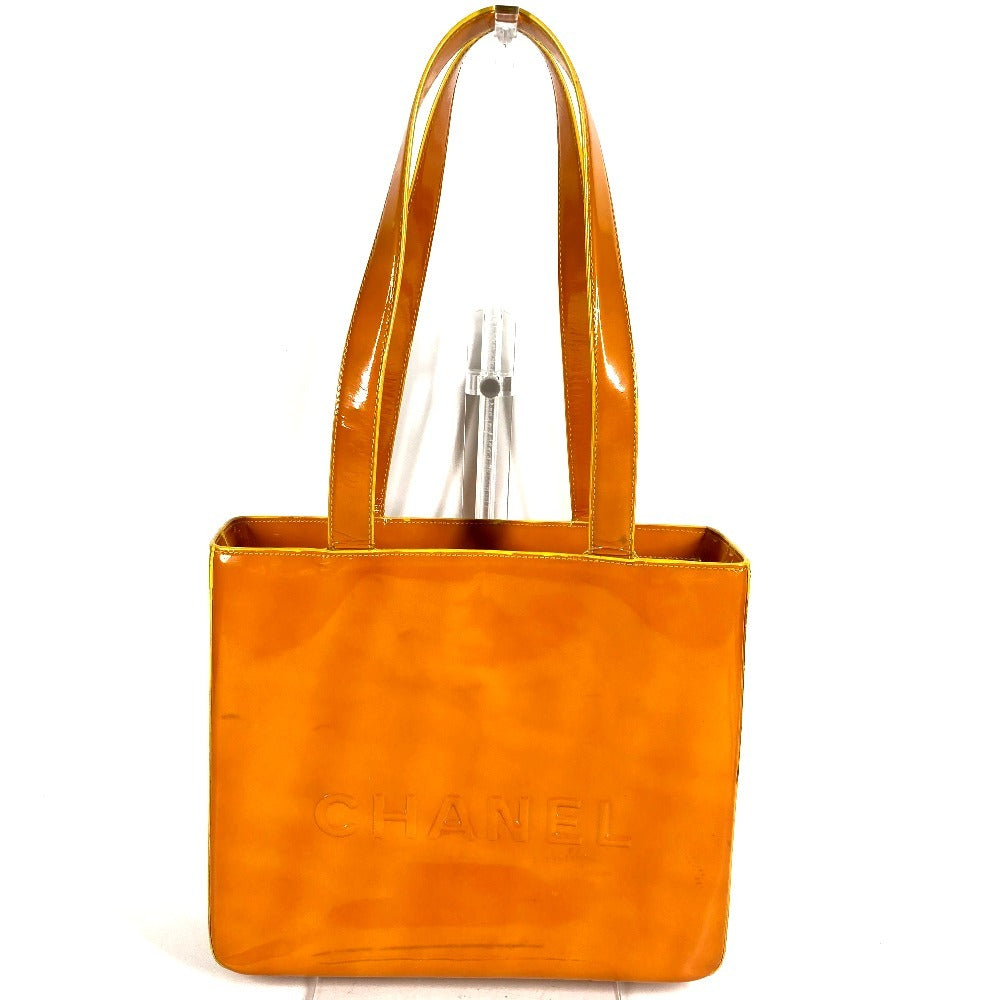 CHANEL logo tote bag, patent leather shoulder bag, women's, orange