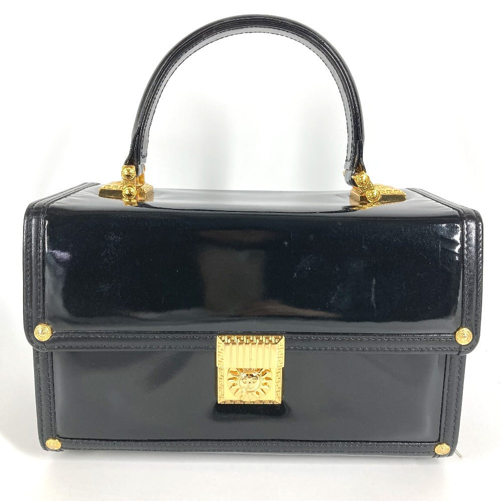 VERSACE Vintage Sunburst Logo Vanity Bag, Flap Vanity Handbag in Patent Leather, Unisex, Black