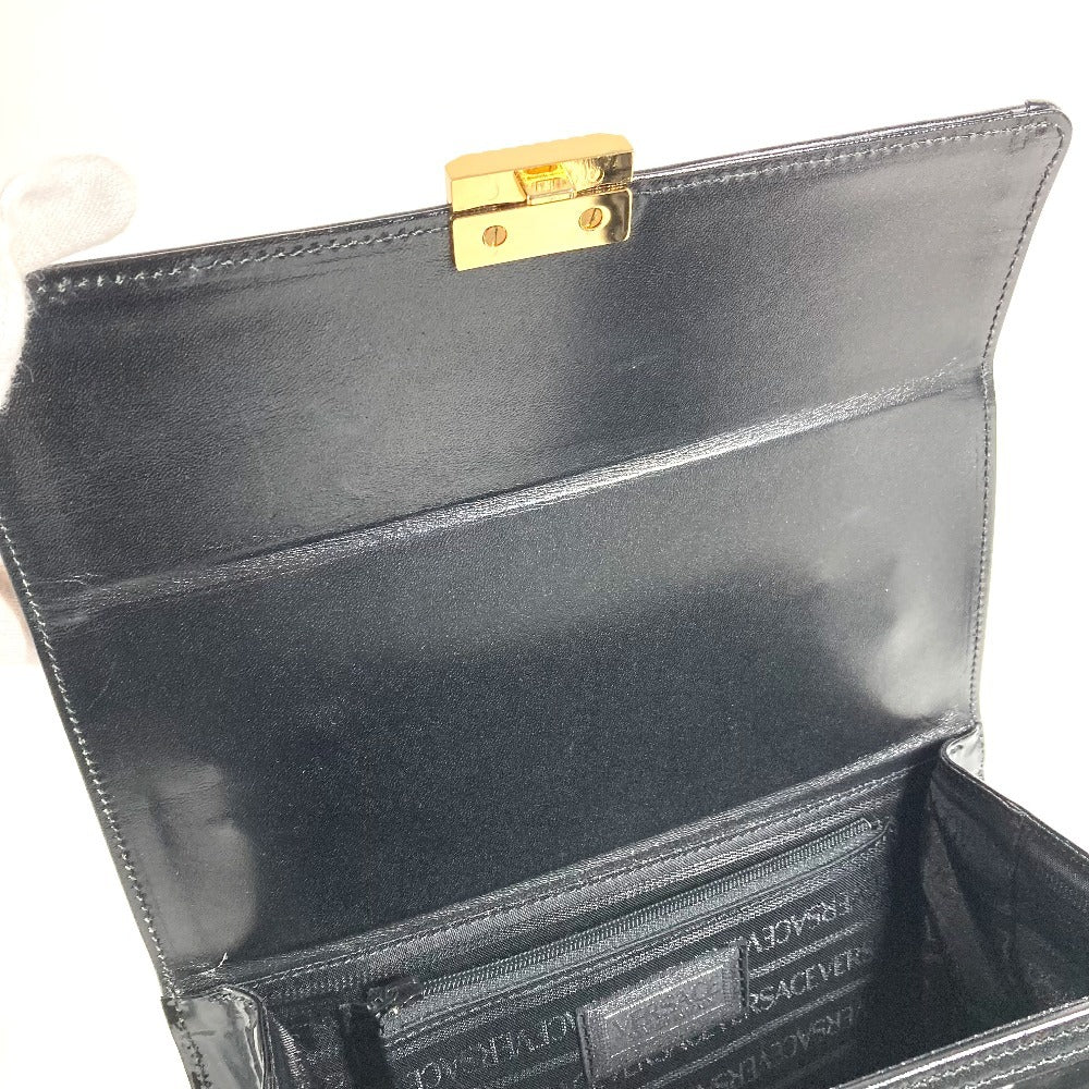 VERSACE Vintage Sunburst Logo Vanity Bag, Flap Vanity Handbag in Patent Leather, Unisex, Black