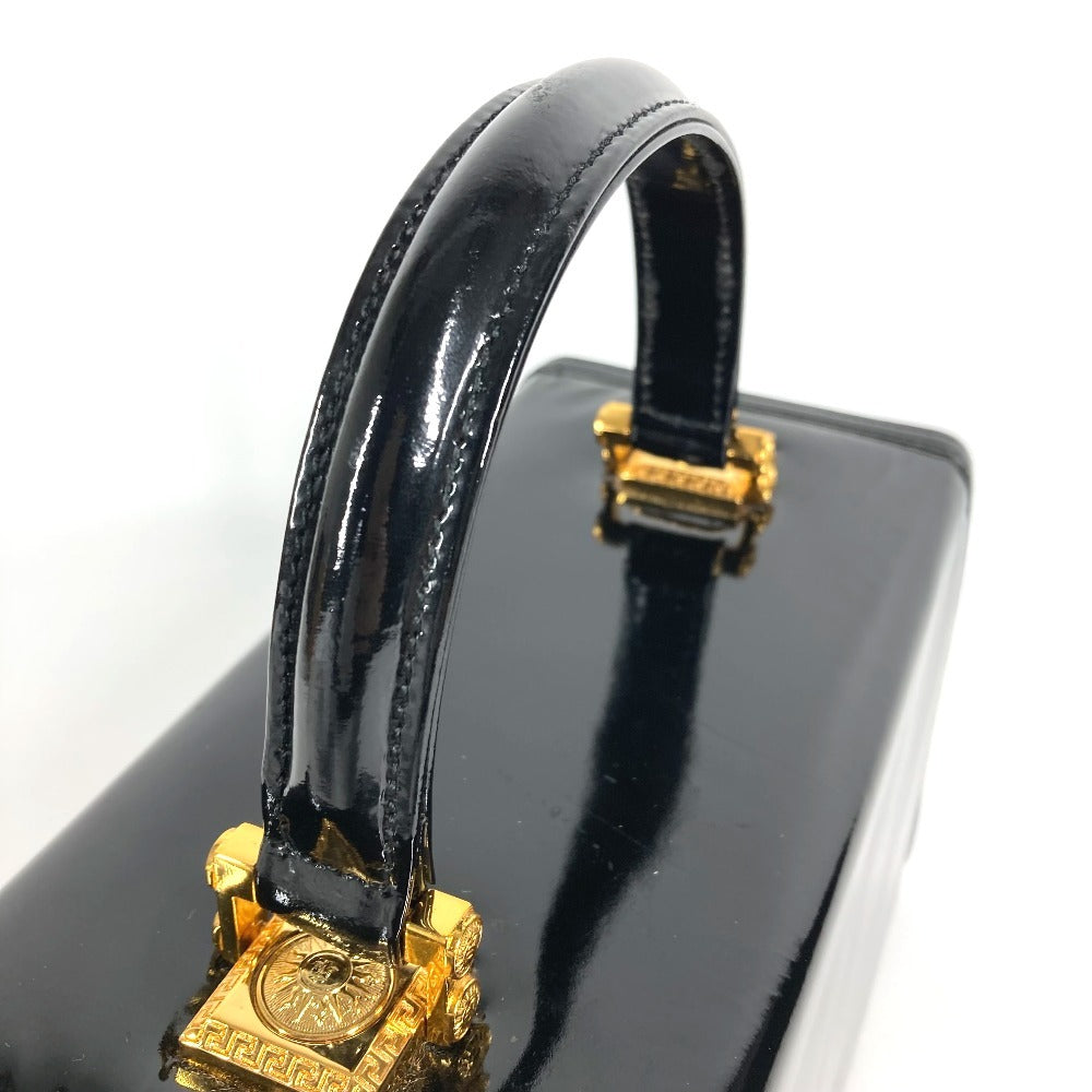 VERSACE Vintage Sunburst Logo Vanity Bag, Flap Vanity Handbag in Patent Leather, Unisex, Black