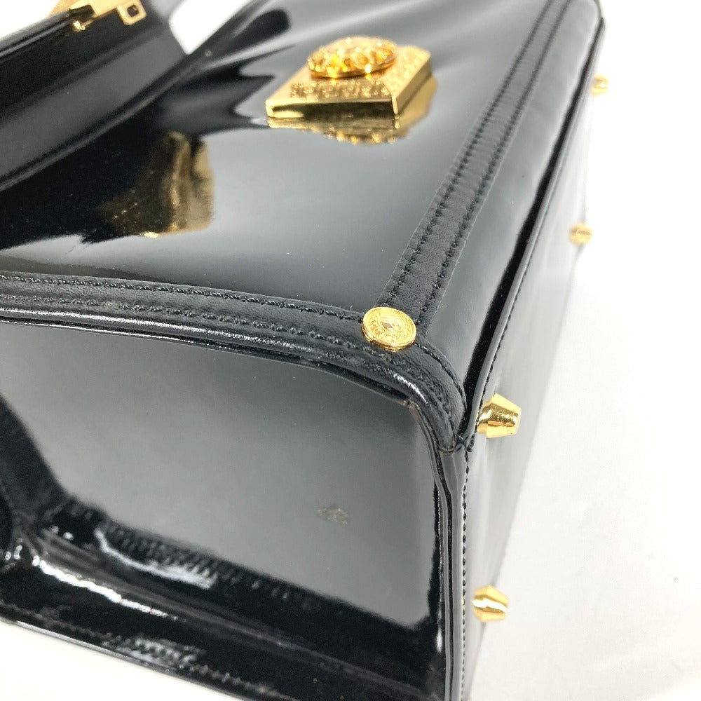 VERSACE Vintage Sunburst Logo Vanity Bag, Flap Vanity Handbag in Patent Leather, Unisex, Black